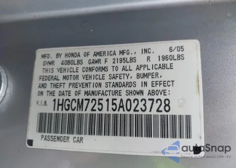 2005 Honda Accord 2.4 Lx Special Edition from USA, damaged, VIN 1HGCM72515A023728